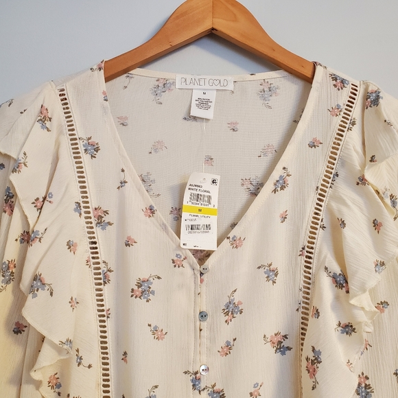 Planet Gold Shirt Women's Medium Ivory Chiffon Floral Long Sleeve Frill Shoulder - Picture 5 of 10